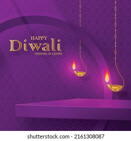 3 d Estilo de escenario redondo de podio, para Diwali, Deepavali o Dipavali, festival indio de luces con objetos orientales sobre fondo de color
