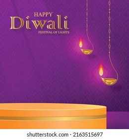 3d Podium round stage style, for Diwali, Deepavali or Dipavali, the Indian festival of lights with oriental objects on color background