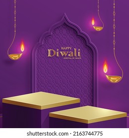 3d Podium round stage style, for Diwali, Deepavali or Dipavali, the Indian festival of lights with oriental objects on color background