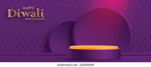 3d Podium Round Stage Style, For Diwali, Deepavali Or Dipavali, The Indian Festival Of Lights With Oriental Objects On Color Background