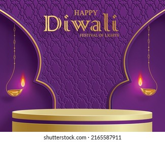 3d Podium round stage style, for Diwali, Deepavali or Dipavali, the Indian festival of lights with oriental objects on color background