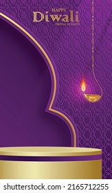3d Podium round stage style, for Diwali, Deepavali or Dipavali, the Indian festival of lights with oriental objects on color background