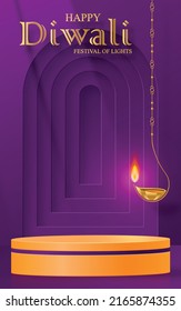 3D Podium Rundbühne Stil, für Diwali, Deepavali oder Dipavali, das indische Festival der Lichter mit orientalischen Objekten auf Farbhintergrund
