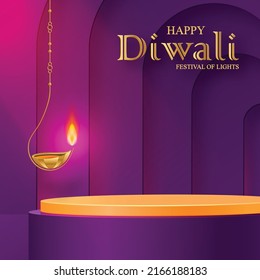 3d Podium round stage style, for Diwali, Deepavali or Dipavali, the Indian festival of lights with oriental objects on color background