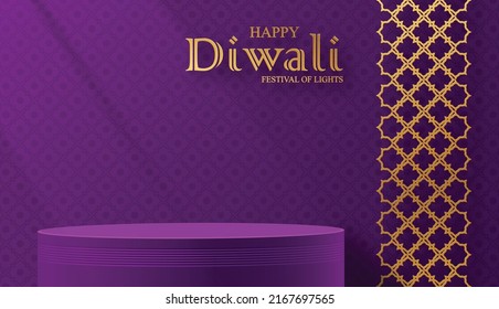 3d Podium round stage style, for Diwali, Deepavali or Dipavali, the Indian festival of lights with oriental objects on color background