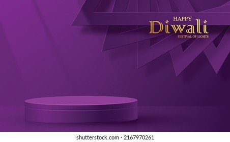 3d Podium round stage style, for Diwali, Deepavali or Dipavali, the Indian festival of lights with oriental objects on color background