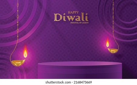3d Podium round stage style, for Diwali, Deepavali or Dipavali, the Indian festival of lights with oriental objects on color background