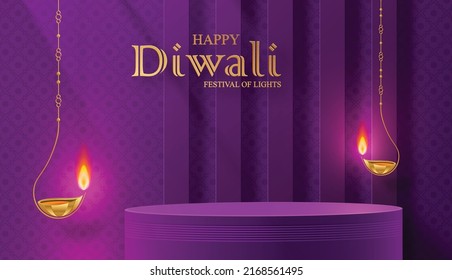 3d Podium Round Stage Style, For Diwali, Deepavali Or Dipavali, The Indian Festival Of Lights With Oriental Objects On Color Background