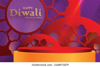 3d Podium round stage style, for Diwali, Deepavali or Dipavali, the Indian festival of lights with oriental objects on color background