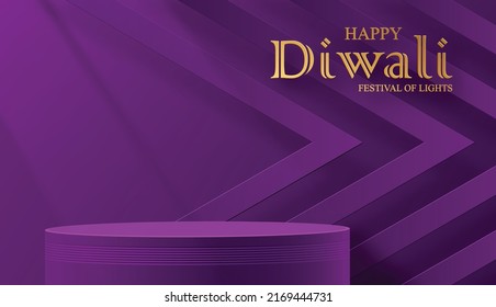 3d Podium round stage style, for Diwali, Deepavali or Dipavali, the Indian festival of lights with oriental objects on color background