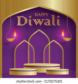 3d Podium round stage style, for Diwali, Deepavali or Dipavali, the Indian festival of lights with oriental objects on color background