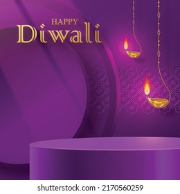 3d Podium round stage style, for Diwali, Deepavali or Dipavali, the Indian festival of lights with oriental objects on color background