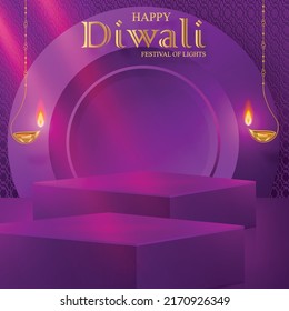3 d Estilo de escenario redondo de podio, para Diwali, Deepavali o Dipavali, festival indio de luces con objetos orientales sobre fondo de color