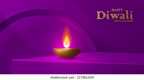3D Podium Rundbühne Stil, für Diwali, Deepavali oder Dipavali, das indische Festival der Lichter mit orientalischen Objekten auf Farbhintergrund