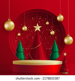 3d Podium round stage style, for Merry Christmas and happy new year and festivals or greeting festival on paper cut art and craft with color background and festive elements