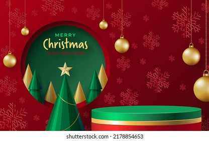 3d Podium round stage style, for Merry Christmas and happy new year and festivals or greeting festival on paper cut art and craft with color background and festive elements