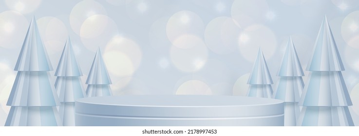 3d Podium round stage style, for Merry Christmas and happy new year and festivals or greeting festival on paper cut art and craft with color background and festive elements