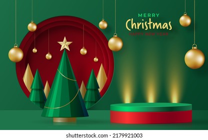 3d Podium round stage style, for Merry Christmas and happy new year and festivals or greeting festival on paper cut art and craft with color background and festive elements