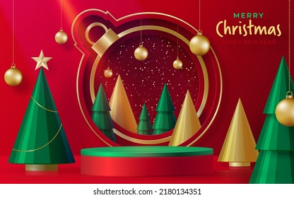 3d Podium round stage style, for Merry Christmas and happy new year and festivals or greeting festival on paper cut art and craft with color background and festive elements