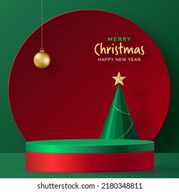 3d Podium round stage style, for Merry Christmas and happy new year and festivals or greeting festival on paper cut art and craft with color background and festive elements