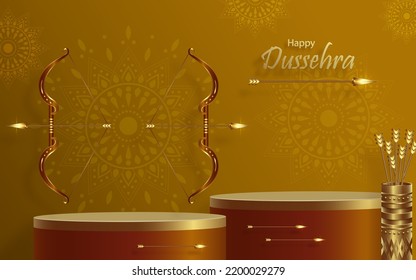 3d Podium round stage style, for Dussehra festival celebration, the Indian illustration of Lord Rama symbols with oriental elements 