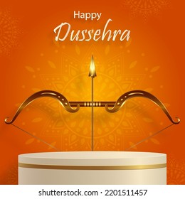 3d Podium round stage style, for Dussehra festival celebration, the Indian illustration of Lord Rama symbols with oriental elements 