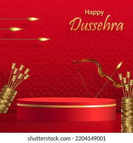 3d Podium round stage style, for Dussehra festival celebration, the Indian illustration of Lord Rama symbols with oriental elements 