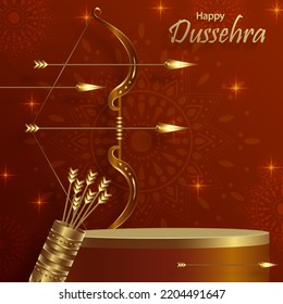 3d Podium round stage style, for Dussehra festival celebration, the Indian illustration of Lord Rama symbols with oriental elements 