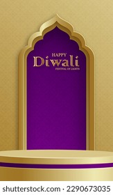 3d Podium round stage style, for Diwali, Deepavali or Dipavali, the Indian festival of lights with oriental objects on color background