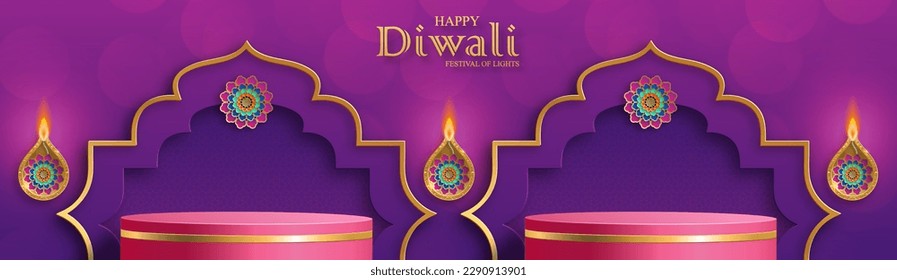 3d Podium round stage style, for Diwali, Deepavali or Dipavali, the Indian festival of lights with oriental objects on color background