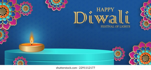 3d Podium round stage style, for Diwali, Deepavali or Dipavali, the Indian festival of lights with oriental objects on color background