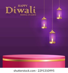 3 d Estilo de escenario redondo de podio, para Diwali, Deepavali o Dipavali, festival indio de luces con objetos orientales sobre fondo de color