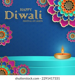 3d Podium round stage style, for Diwali, Deepavali or Dipavali, the Indian festival of lights with oriental objects on color background