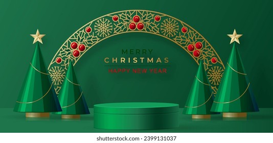 3d Podium round stage style, for Merry Christmas and happy new year and festivals or greeting festival on paper cut art and craft with color background and festive elements