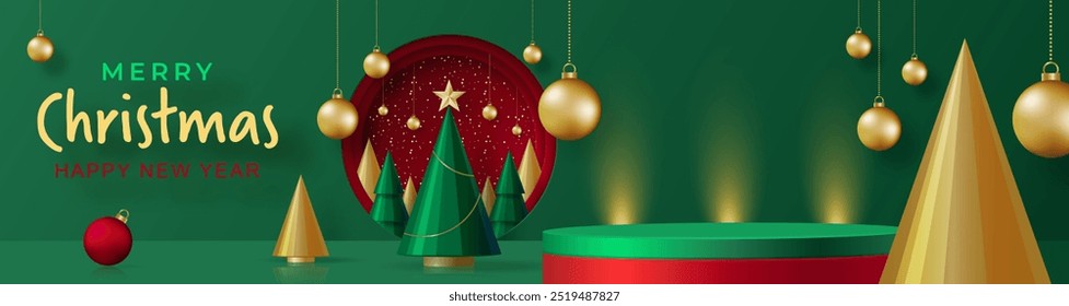 Estilo redondo de la etapa del podio 3d, para las Navidades felices y el año nuevo feliz y los festivales o el festival del saludo en el arte del corte del papel y el arte con el fondo del color y los Elementos festivos