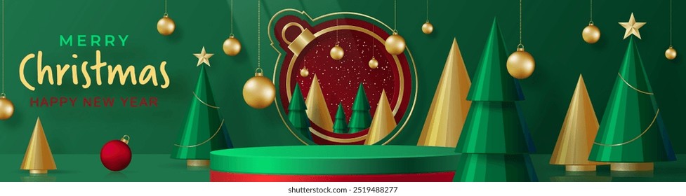 3d Podium round stage style, for Merry Christmas and happy new year and festivals or greeting festival on paper cut art and craft with color background and festive elements