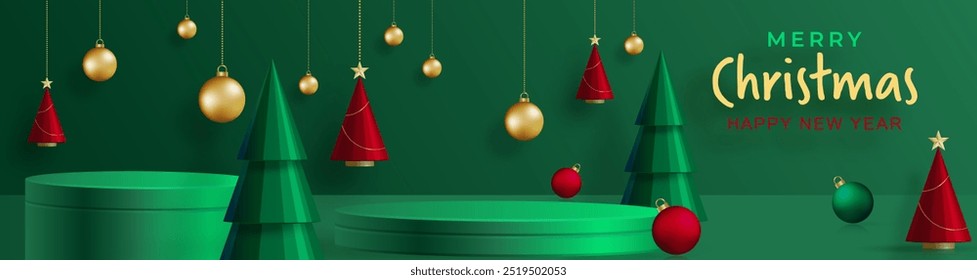 3d Podium round stage style, for Merry Christmas and happy new year and festivals or greeting festival on paper cut art and craft with color background and festive elements
