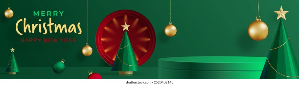 3d Podium round stage style, for Merry Christmas and happy new year and festivals or greeting festival on paper cut art and craft with color background and festive elements