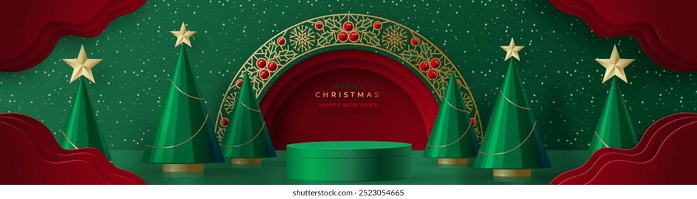 3d Podium round stage style, for Merry Christmas and happy new year and festivals or greeting festival on paper cut art and craft with color background and festive elements