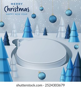 3d Podium round stage style, for Merry Christmas and happy new year and festivals or greeting festival on paper cut art and craft with color background and festive elements