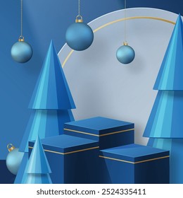 3d Podium round stage style, for Merry Christmas and happy new year and festivals or greeting festival on paper cut art and craft with color background and festive elements