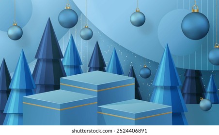 3d Podium round stage style, for Merry Christmas and happy new year and festivals or greeting festival on paper cut art and craft with color background and festive elements