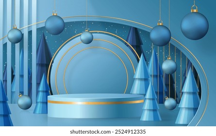 3d Podium round stage style, for Merry Christmas and happy new year and festivals or greeting festival on paper cut art and craft with color background and festive elements