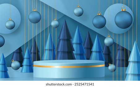 3d Podium round stage style, for Merry Christmas and happy new year and festivals or greeting festival on paper cut art and craft with color background and festive elements