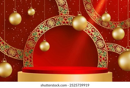 3d Podium round stage style, for Merry Christmas and happy new year and festivals or greeting festival on paper cut art and craft with color background and festive elements