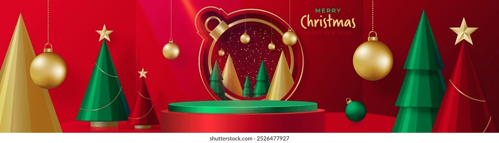 3d Podium round stage style, for Merry Christmas and happy new year and festivals or greeting festival on paper cut art and craft with color background and festive elements