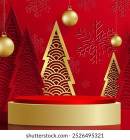 3d Podium round stage style, for Merry Christmas and happy new year and festivals or greeting festival on paper cut art and craft with color background and festive elements