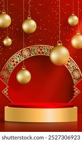 3d Podium round stage style, for Merry Christmas and happy new year and festivals or greeting festival on paper cut art and craft with color background and festive elements