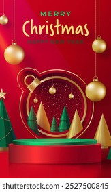 3d Podium estilo de palco redondo, para Feliz Natal e feliz ano novo e festivais ou festival de saudação em papel corte arte e artesanato com fundo de cor e elementos festivos