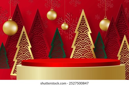 3d Podium round stage style, for Merry Christmas and happy new year and festivals or greeting festival on paper cut art and craft with color background and festive elements